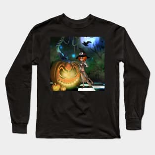 Cute little witch with pumpkin in the night Long Sleeve T-Shirt